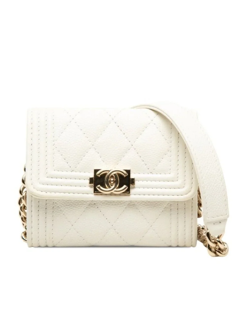 Chanel Quilted CC Logo Boy Crossbody Chain Wallet Shoulder Bag White Caviar